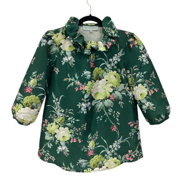 Tuckernuck Bouvier Blouse Green Floral Ruffle Collar Blouson Sleeves Size XS - Picture 4 of 12